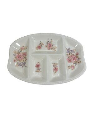 Kakuzyu Japanese Serving Platter Divided 5 Sections Floral Porcelain 16.75” Vtg